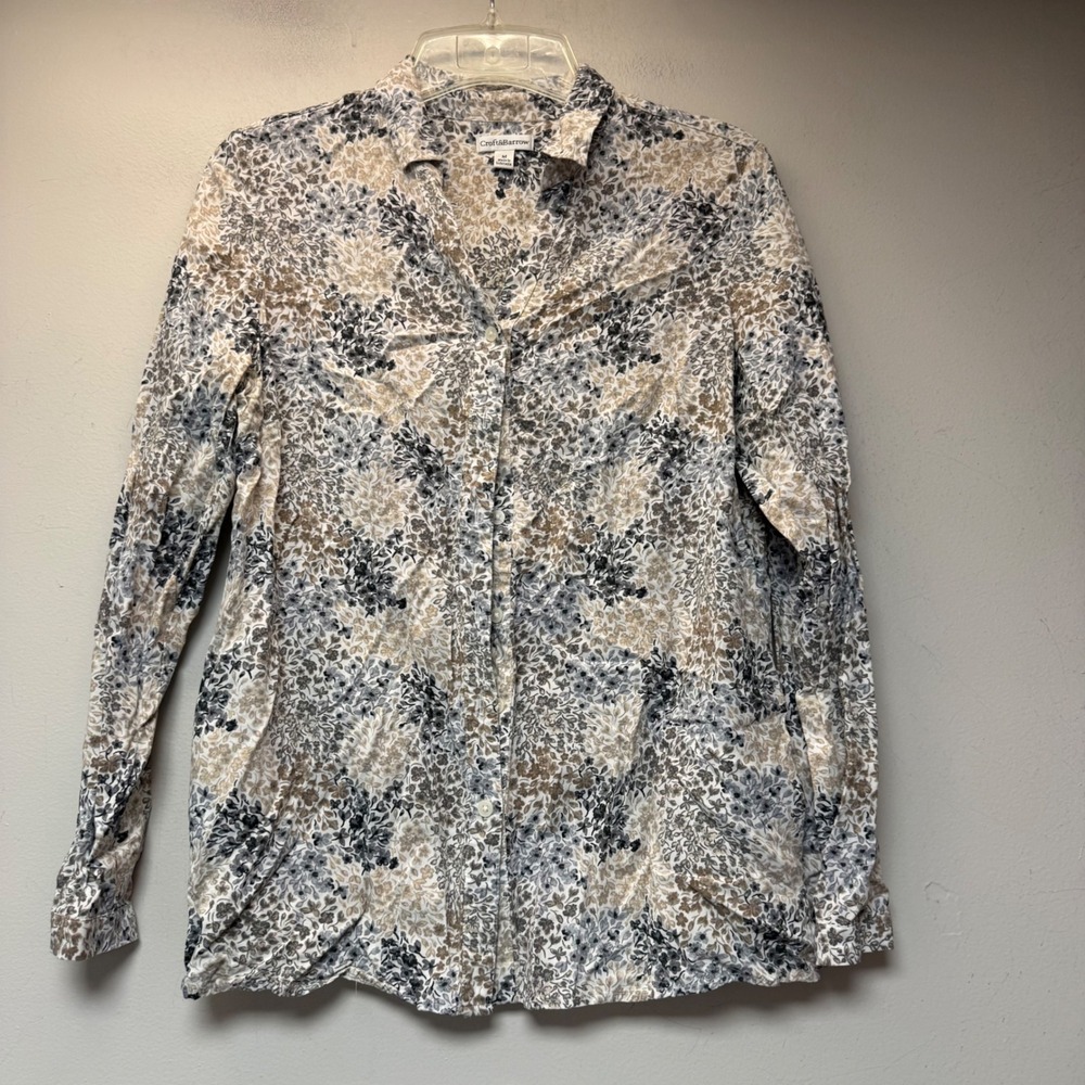 Croft & Barrow Blouse Womens M Tan Floral Excellent Rayon Button Up Top